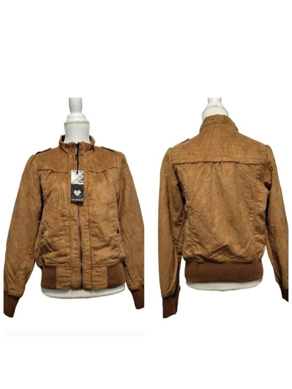 Brave Soul Bomber Jacket Medium Camel Brown Faux Suede